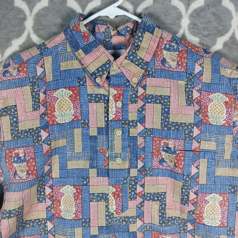 Reyn Spooner Shirt Men Large Blue Patriotic Uncle Sam Pineapple Popover